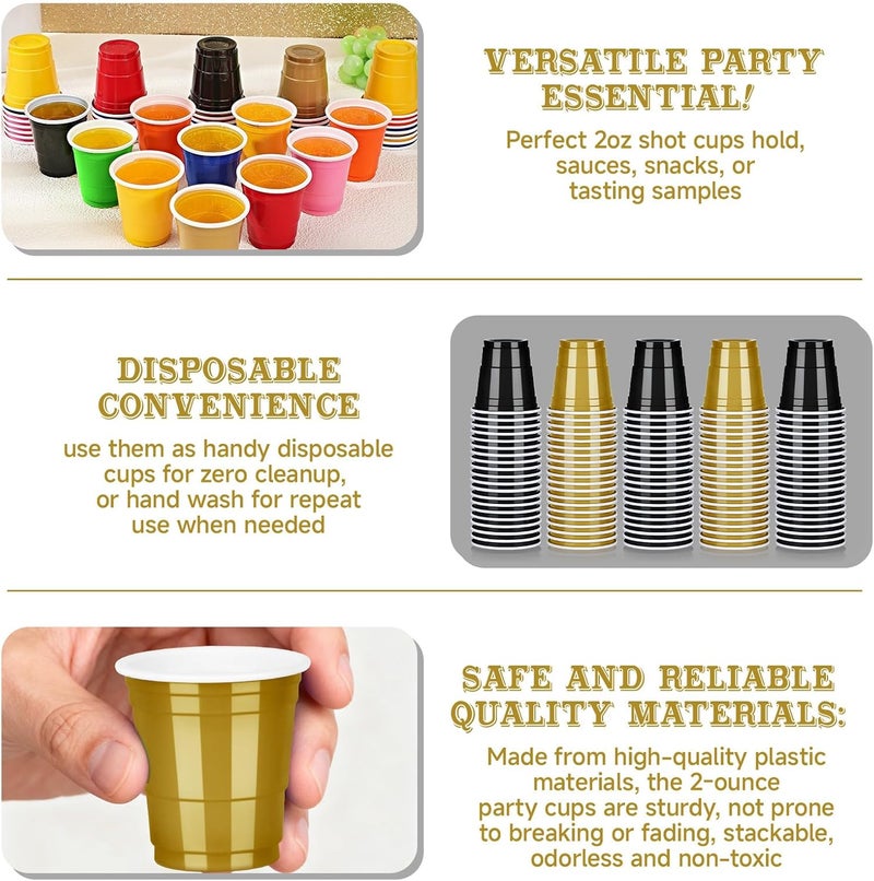 Pineburg 100Pack 2oz Disposable Shot Glasses, Black Gold Plastic Shot Cups, Mini Disposable Cups for Parties Valentine's Day Carnival Weddings Graduation Party Games & Events Supplies(Black&Gold) - Image 3